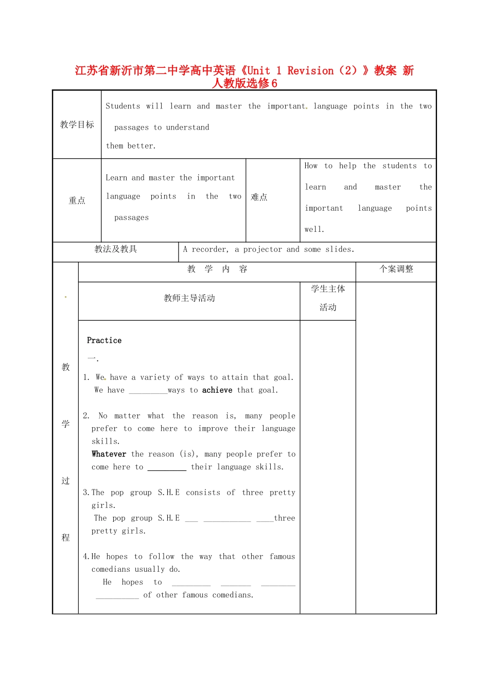 江苏省新沂市第二中学高中英语《Unit 1 Revision（2）》教案 新人教版选修6_第1页