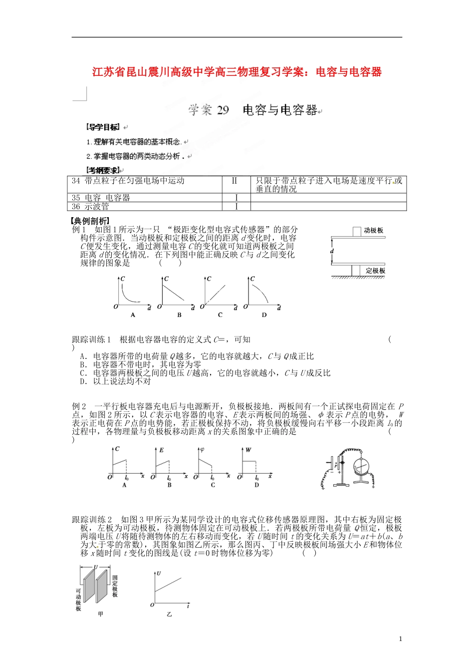 江苏省昆山震川高级中学高三物理 电容与电容器复习学案_第1页