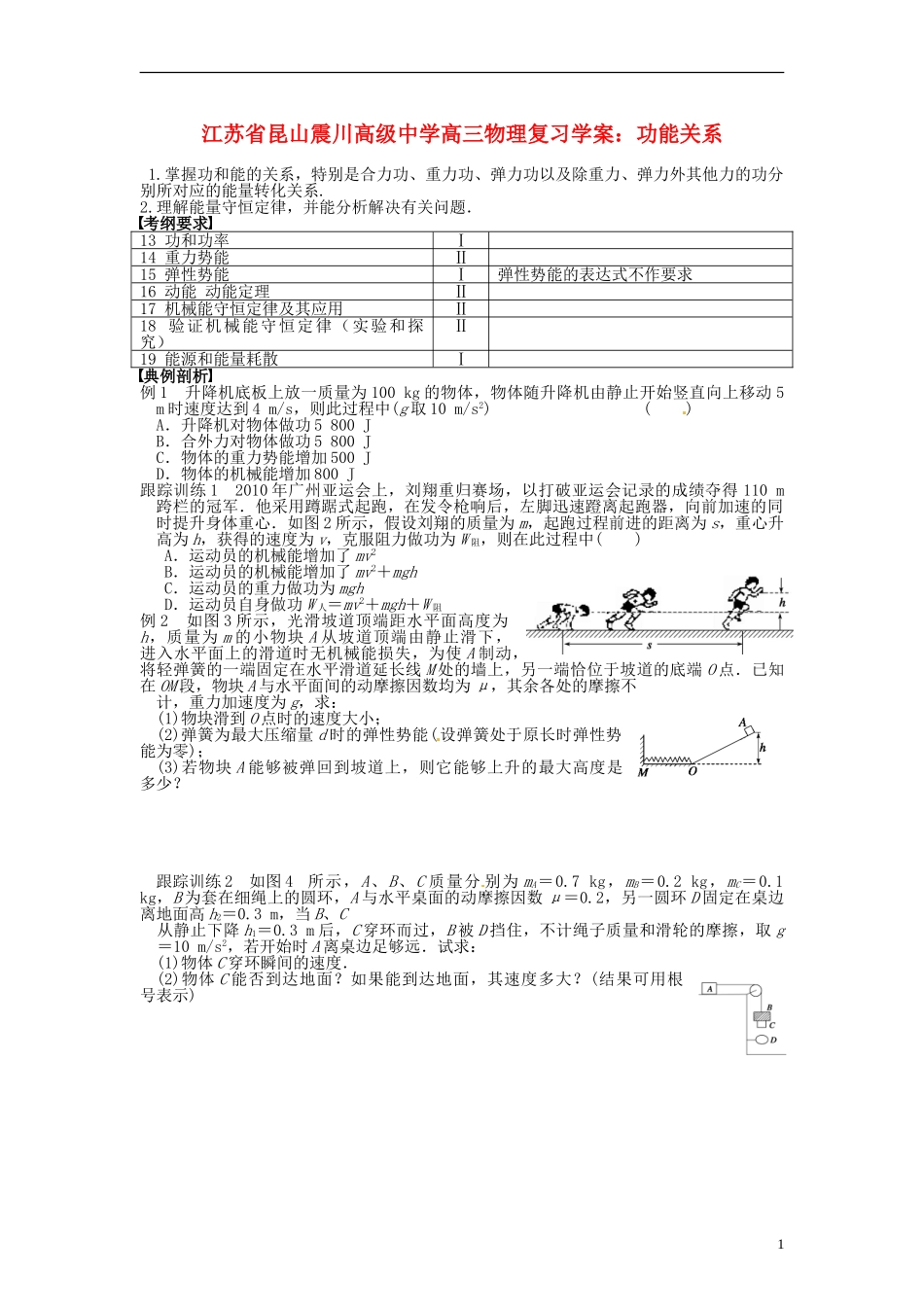 江苏省昆山震川高级中学高三物理 功能关系复习学案_第1页
