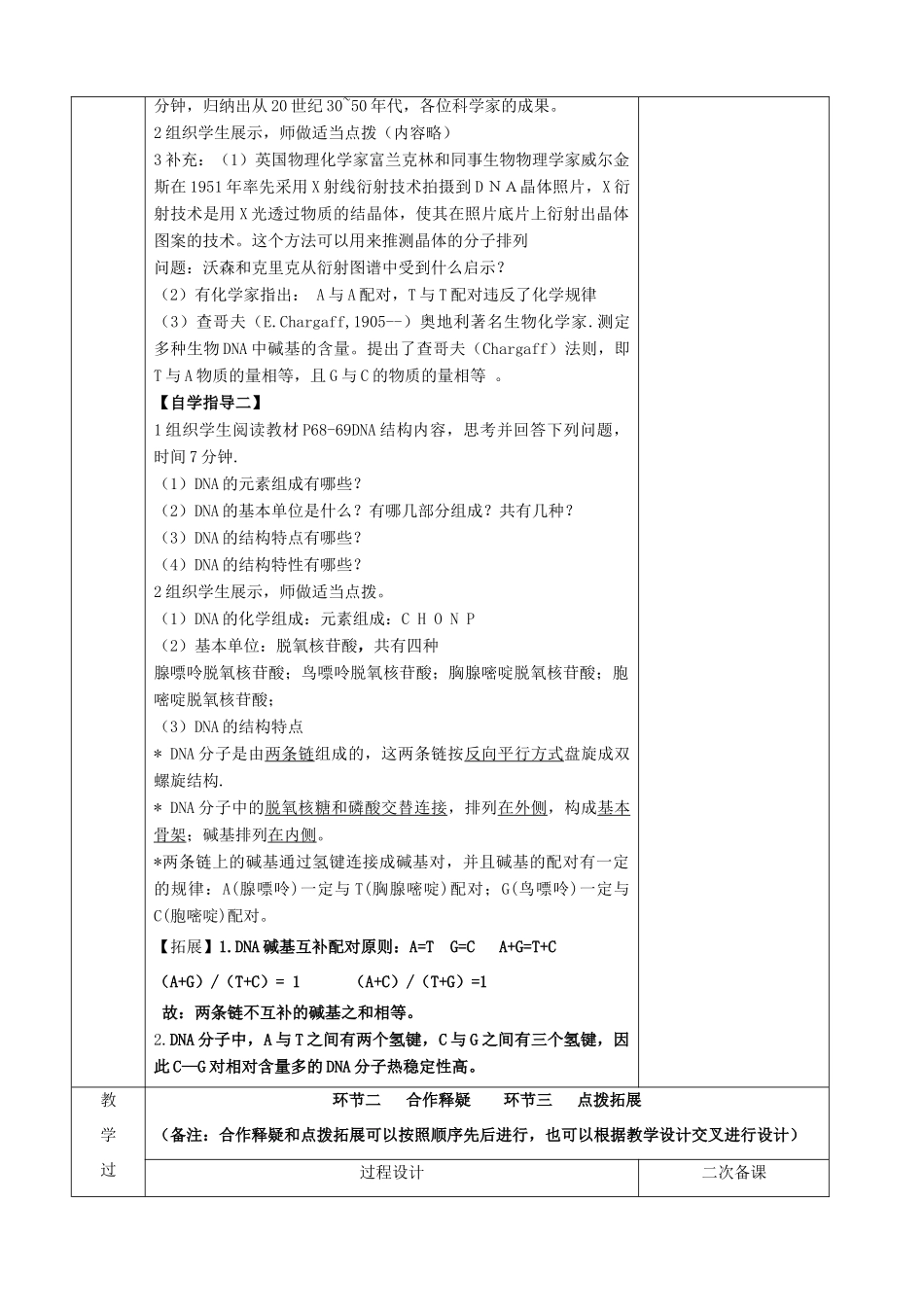 江苏省徐州市睢宁县菁华高级中学2014年高中生物 第四章 第二节 DNA的结构和复制（第一课时）四步教学法课时教学设计 苏教版必修2_第2页