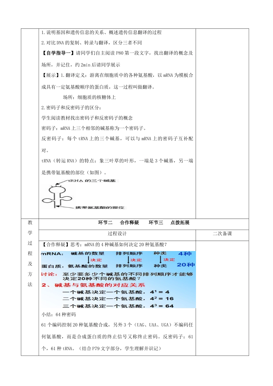 江苏省徐州市睢宁县菁华高级中学2014年高中生物 第四章 第三节 基因控制蛋白质合成之翻译四步教学法教案 苏教版必修2_第2页
