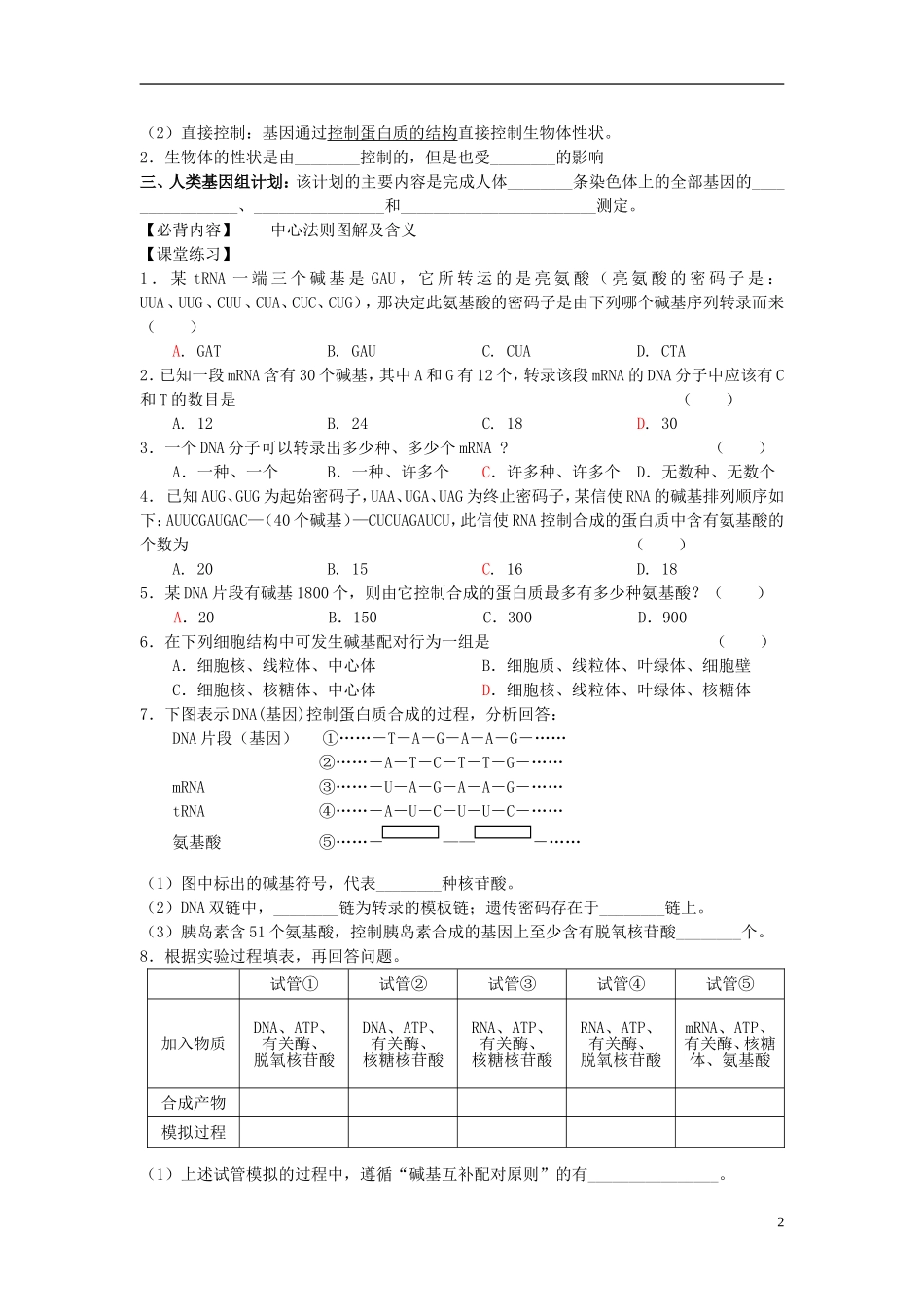 江苏省徐州市睢宁县菁华高级中学2014年高中生物 第四章 第三节 基因控制生物的性状四步教学法学案 苏教版必修2_第2页