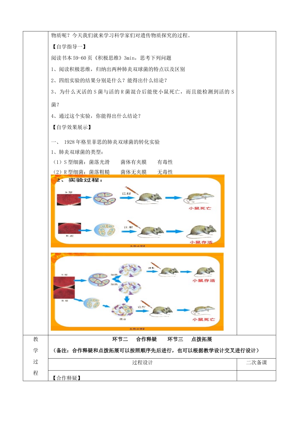 江苏省徐州市睢宁县菁华高级中学2014年高中生物 第四章 第一节 探索遗传物质的过程（第一课时）四步教学法课时教学设计 苏教版必修2_第2页