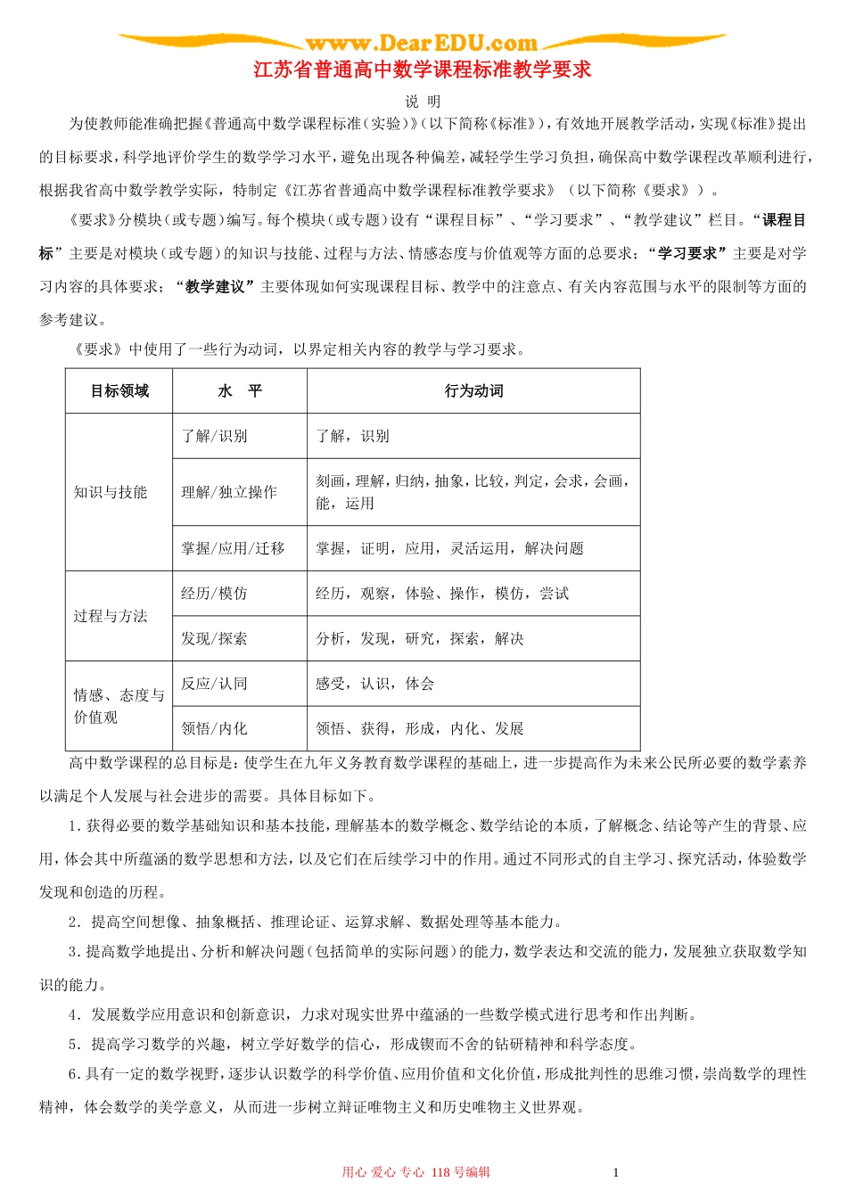 江苏省普通高中数学课程标准教学要求_第1页