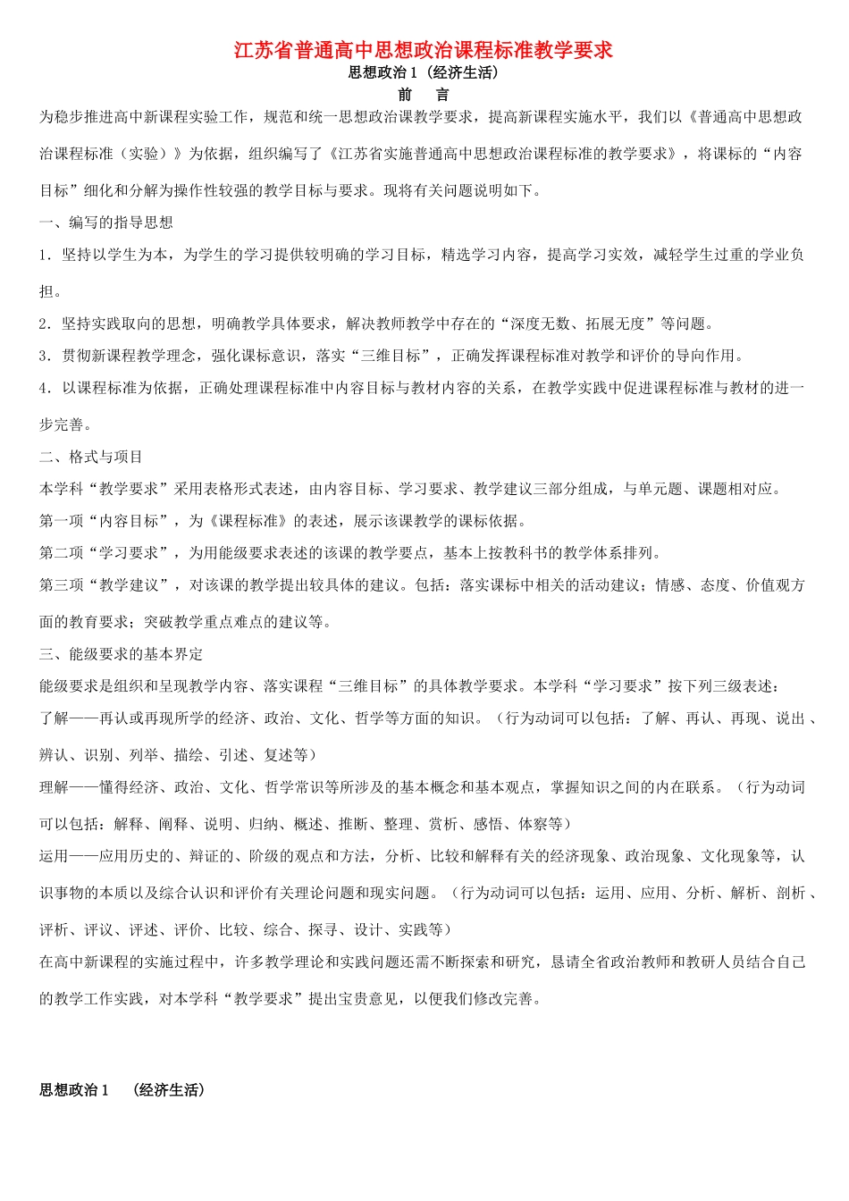 江苏省普通高中思想政治课程标准教学要求_第1页