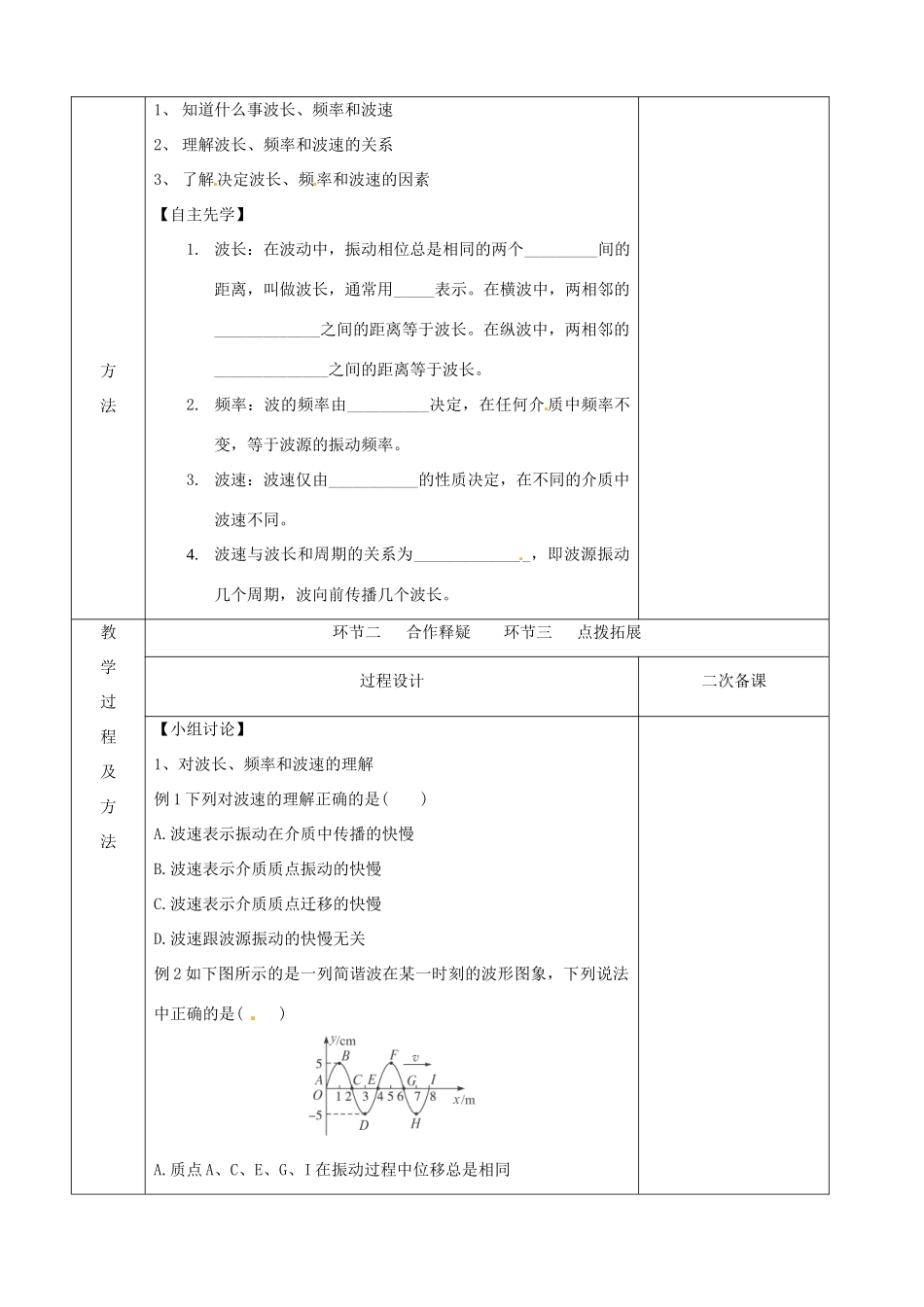 江苏省徐州市睢宁县菁华高级中学高中物理 12.3 波长 频率和波速四步教学法教案 新人教版选修3-4_第2页