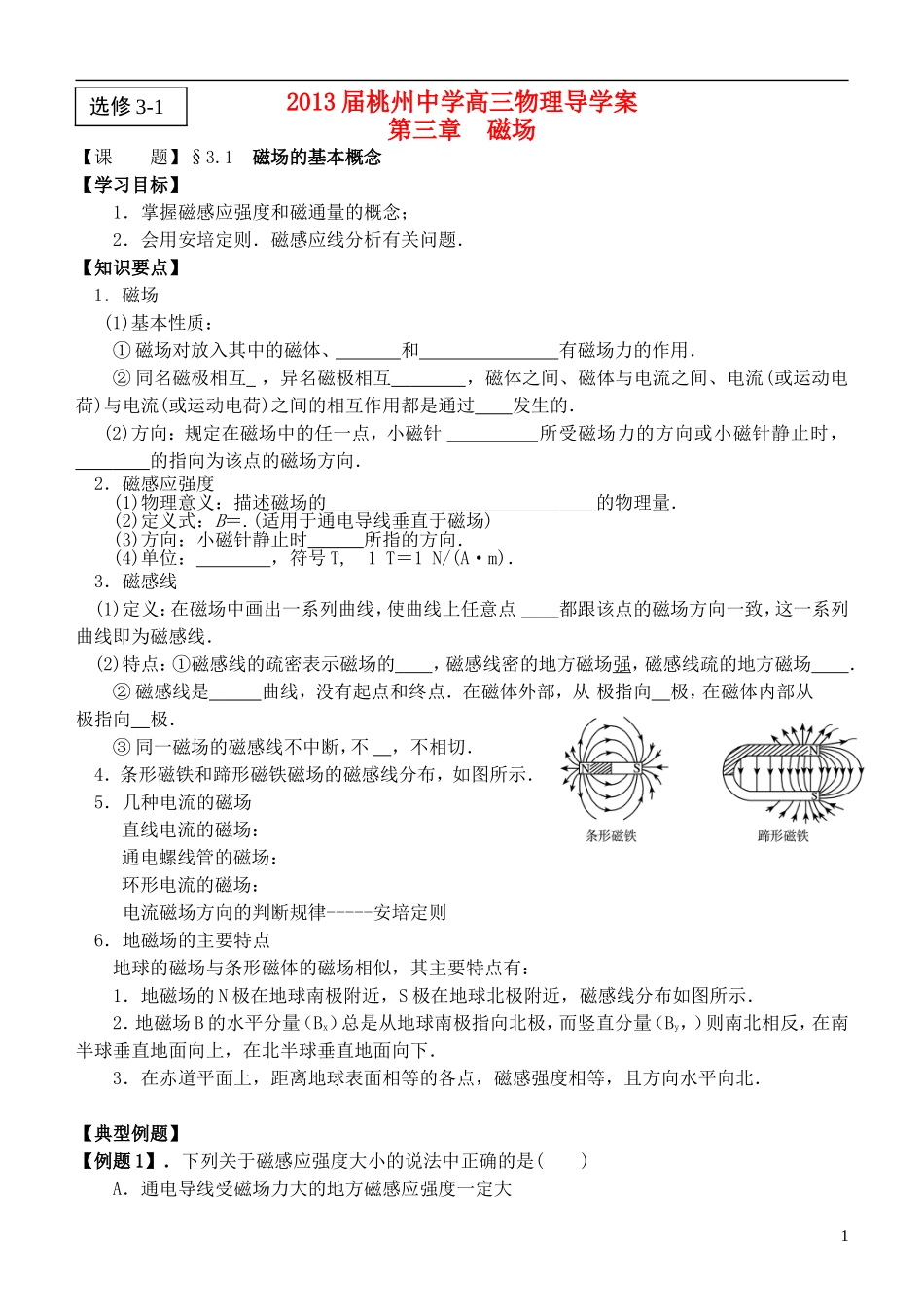 江苏省桃州中学2013高考物理一轮复习 3.1 磁场的基本概念导学案 新人教版选修3-1_第1页