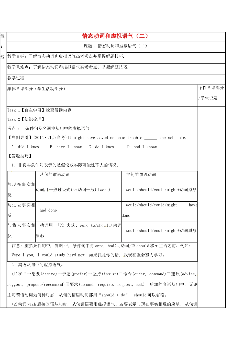 江苏省徐州市铜山县高三英语二轮复习 语法专项七 情态动词和虚拟语气（二）教学案-人教版高三全册英语教学案_第1页