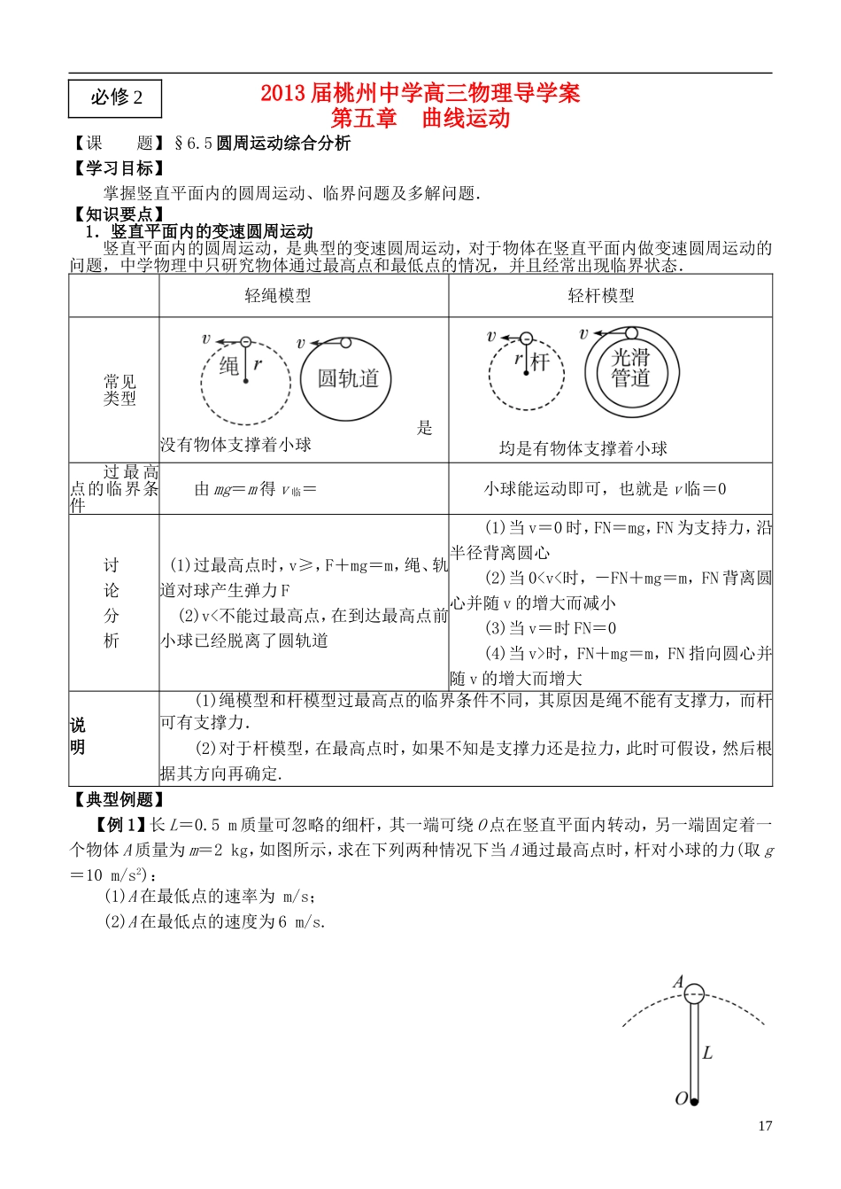 江苏省桃州中学2013高考物理一轮复习 6.5 圆周运动综合分析导学案 新人教版必修2_第1页