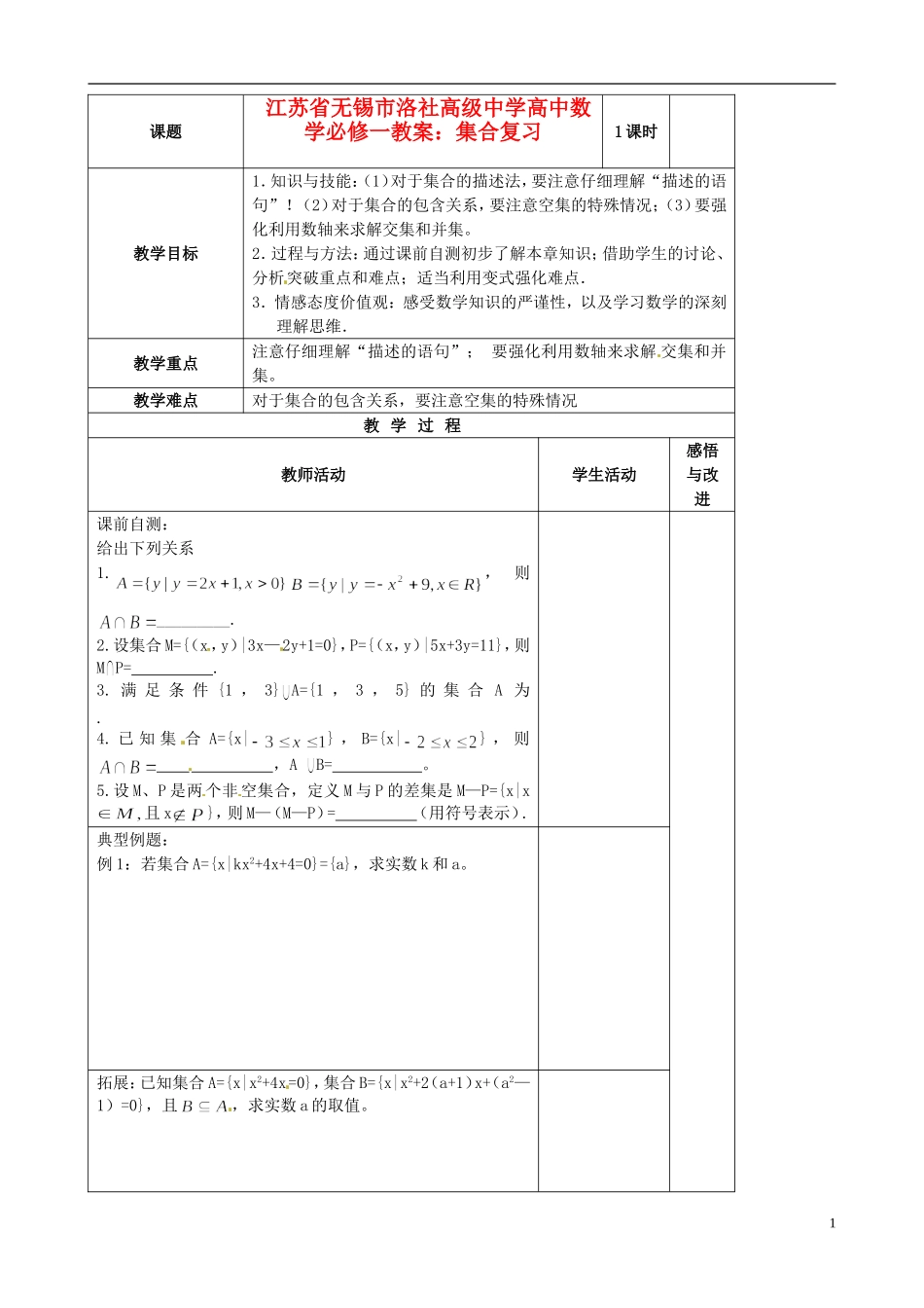江苏省无锡市洛社高级中学高中数学 集合复习教案 新人教A版必修1_第1页