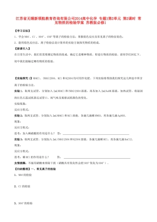 江苏省无锡新领航教育咨询有限公司2014高中化学 专题1第2单元 第2课时 常见物质的检验学案 苏教版必修1