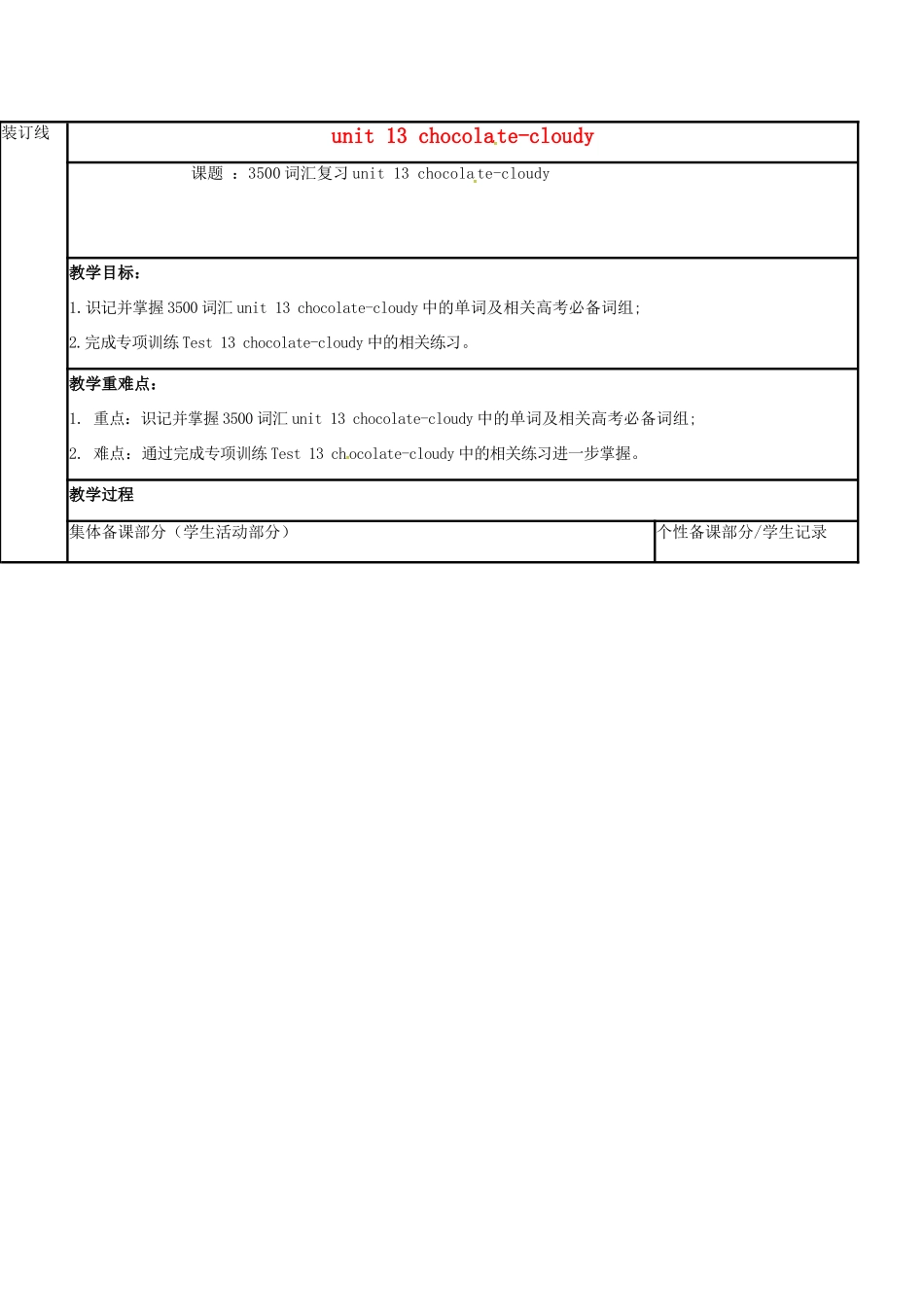 江苏省徐州市铜山县高三英语一轮复习 词汇复习 Unit 13  chocola te-cloudy教学案-人教版高三全册英语教学案_第1页
