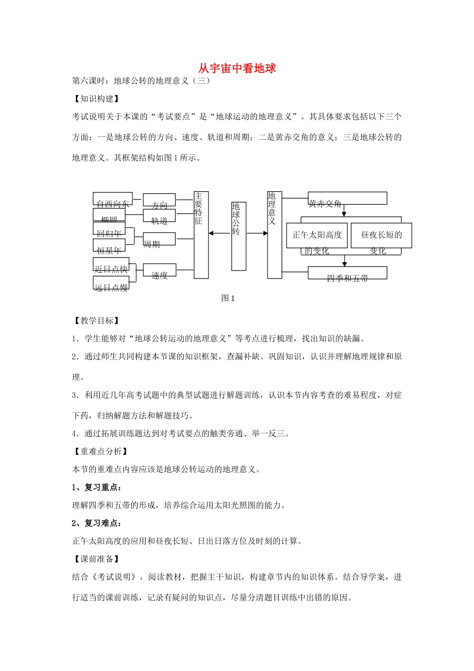 江苏省扬州市高考地理一轮复习 从宇宙中看地球（第6课时）教案-人教版高三全册地理教案_第1页