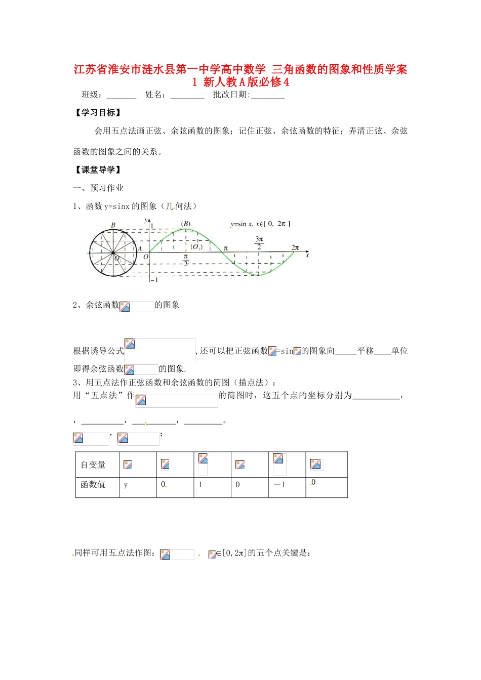 江苏省淮安市涟水县第一中学高中数学 三角函数的图象和性质学案1 新人教A版必修4_第1页