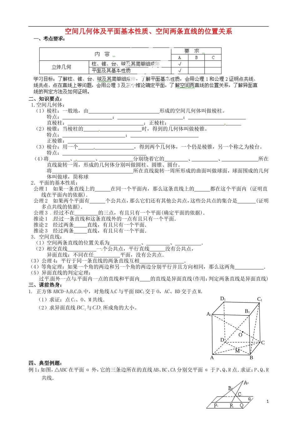 江苏省海门市包场高级中学高考数学一轮复习 几何体及平面、空间两条直线的位置关系教学案_第1页