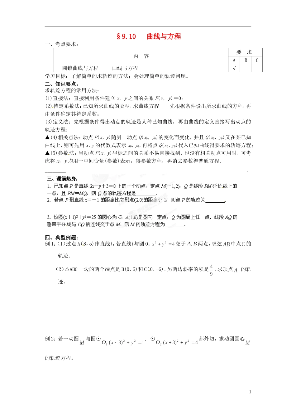 江苏省海门市包场高级中学高考数学一轮复习 曲线与方程教学案_第1页