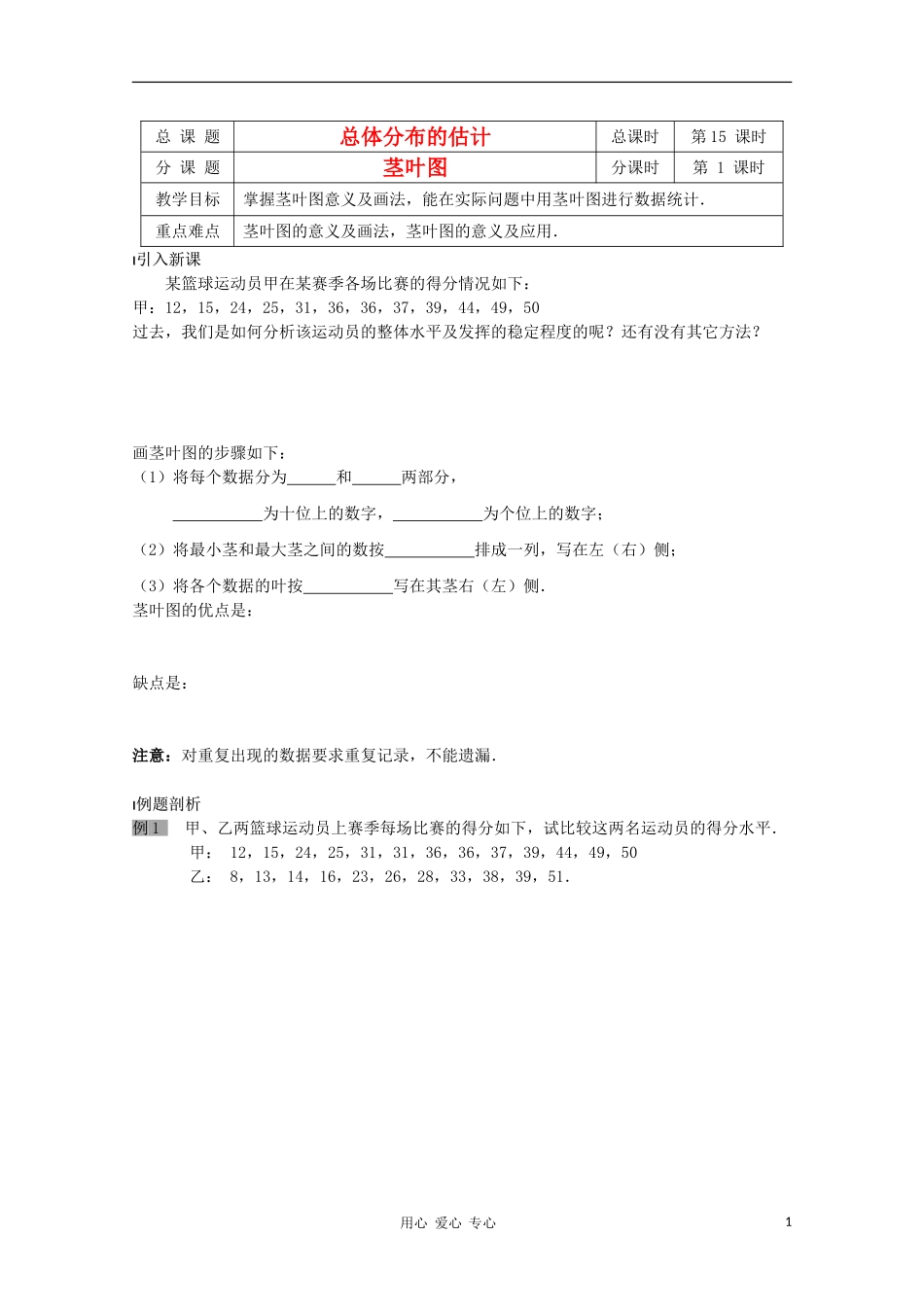 江苏省溧水县第二高级中学高中数学 第15课时茎叶图教学案 苏教版必修3_第1页