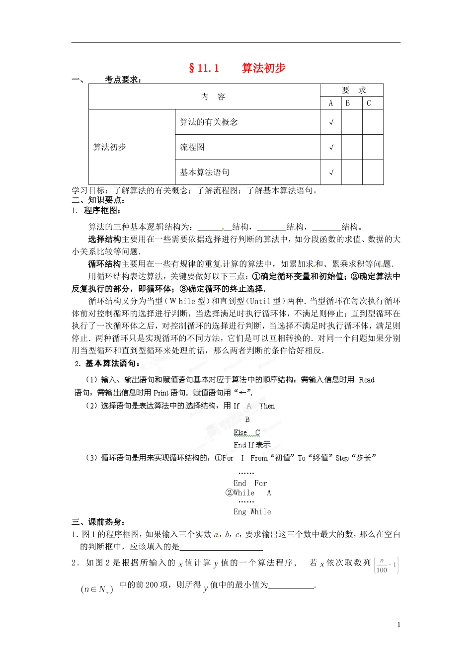 江苏省海门市包场高级中学高考数学一轮复习 算法初步教学案_第1页
