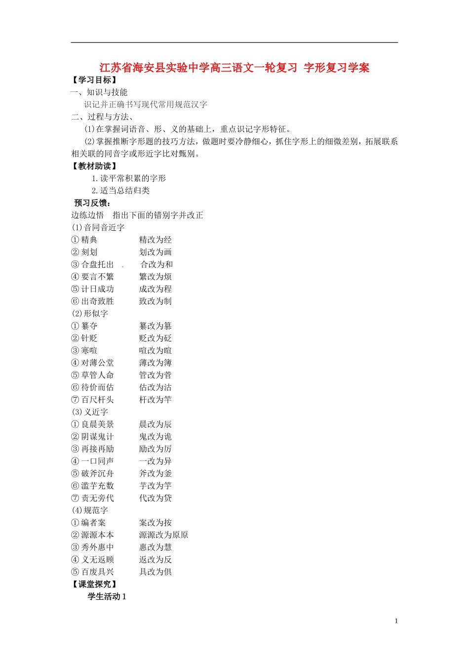 江苏省海安县实验中学高三语文一轮复习 字形复习学案_第1页