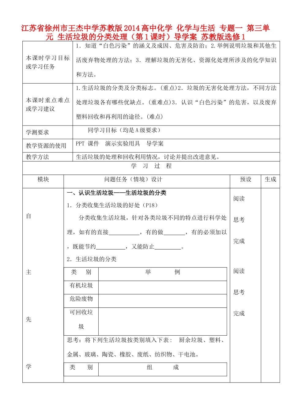江苏省徐州市王杰中学苏教版2014高中化学 化学与生活 专题一 第三单元 生活垃圾的分类处理（第1课时）导学案 苏教版选修1_第1页