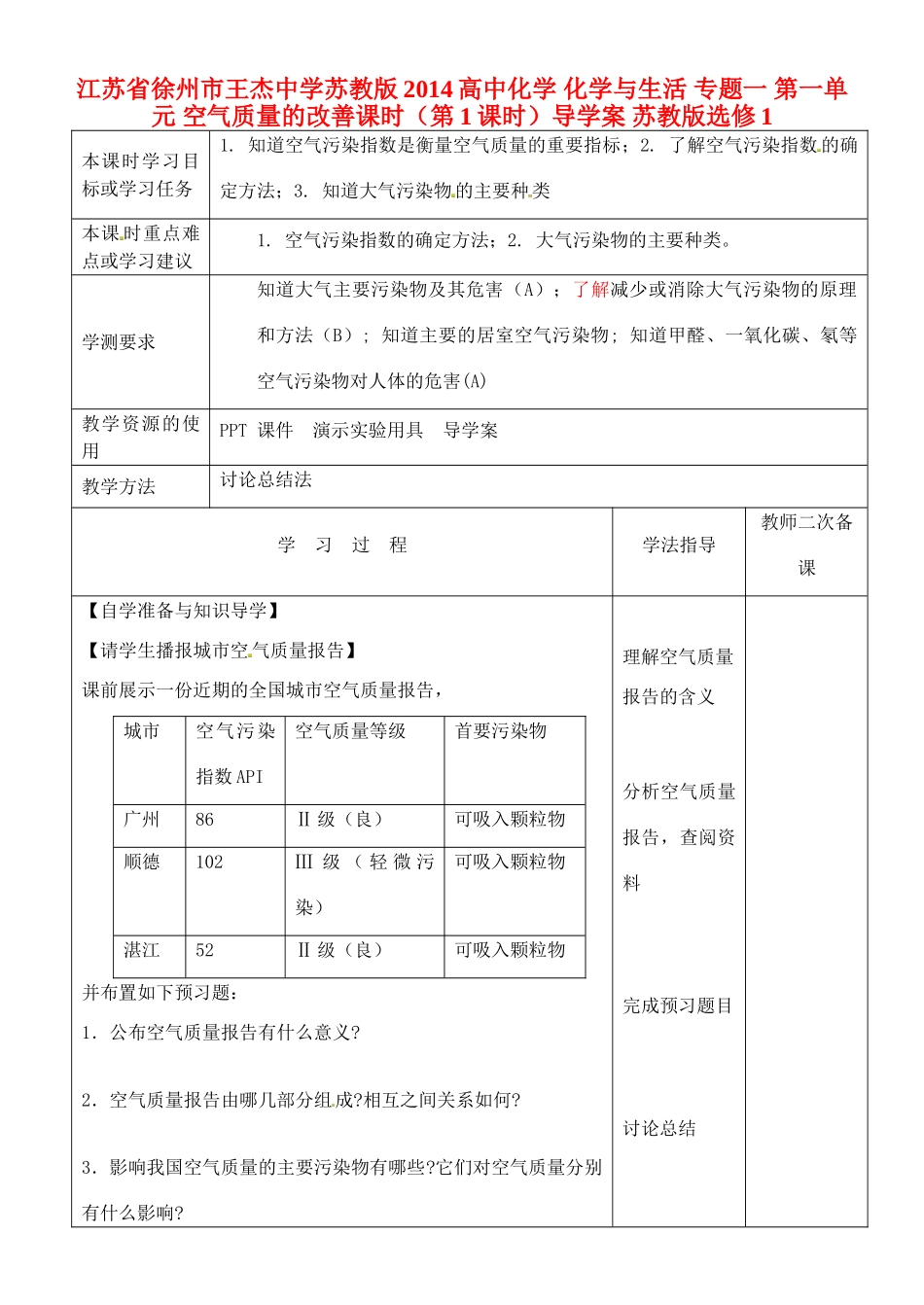 江苏省徐州市王杰中学苏教版2014高中化学 化学与生活 专题一 第一单元 空气质量的改善课时（第1课时）导学案 苏教版选修1_第1页