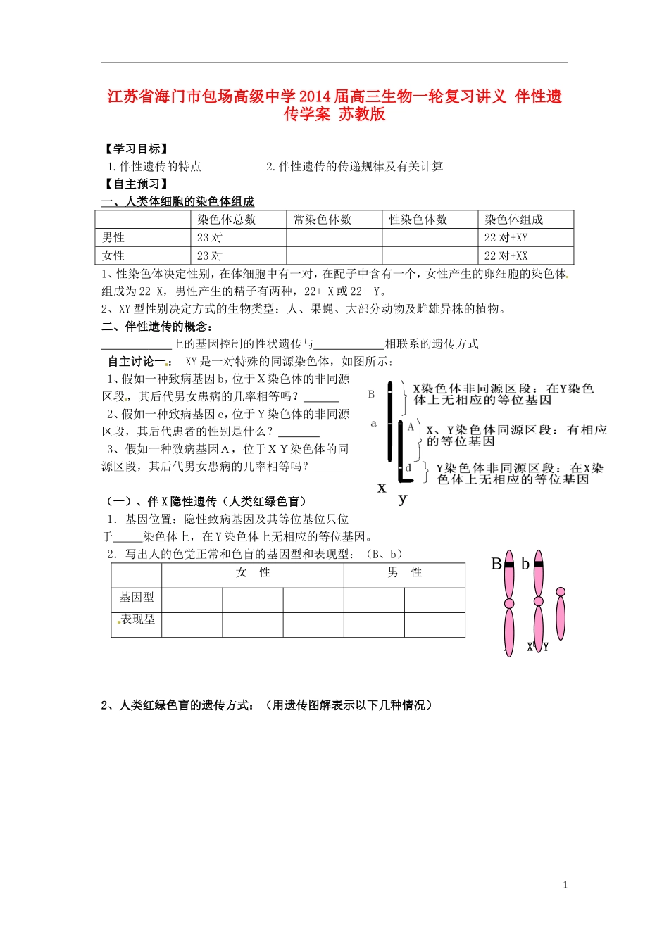 江苏省海门市包场高级中学2014届高三生物一轮复习讲义 伴性遗传学案 苏教版_第1页