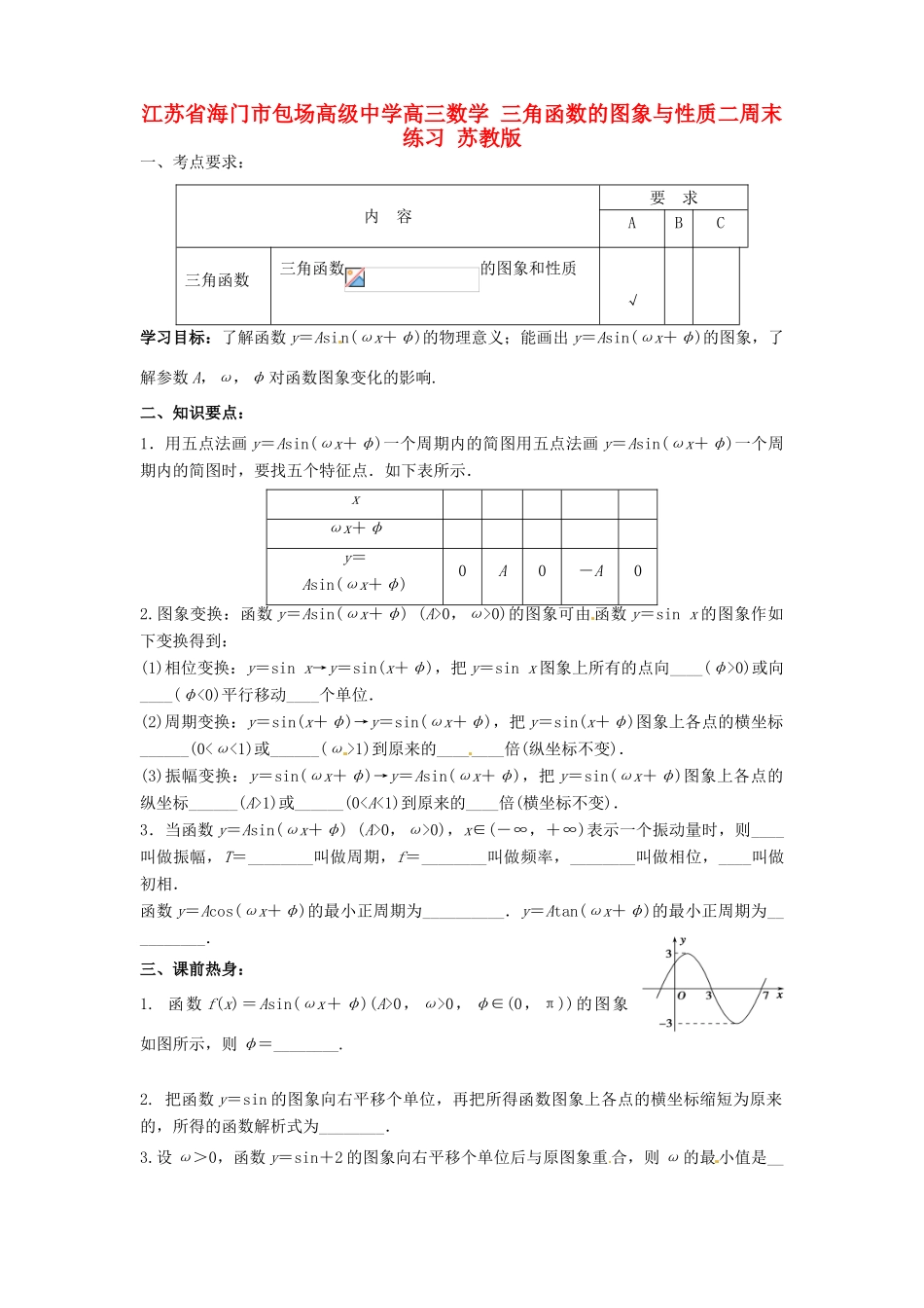 江苏省海门市包场高级中学高三数学 三角函数的图象与性质二周末练习 苏教版_第1页