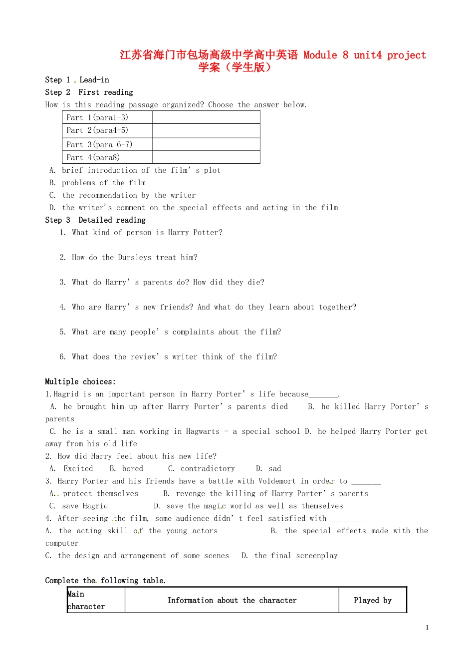 江苏省海门市包场高级中学高中英语 Module 8 unit4 project学案（学生版）_第1页