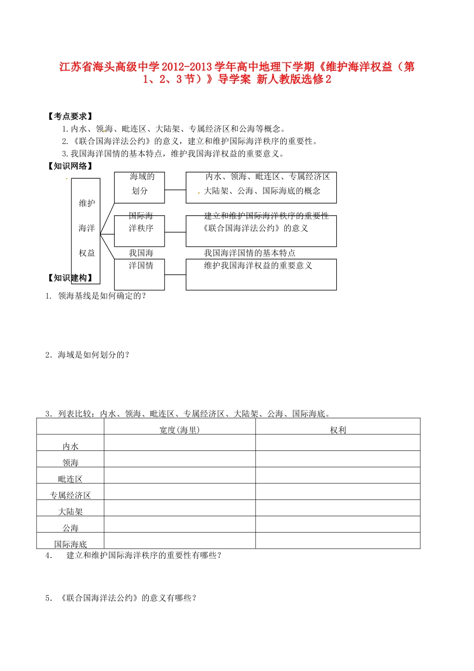 江苏省海头高级中学2012-2013学年高中地理下学期《维护海洋权益（第1、2、3节）》导学案 新人教版选修2_第1页
