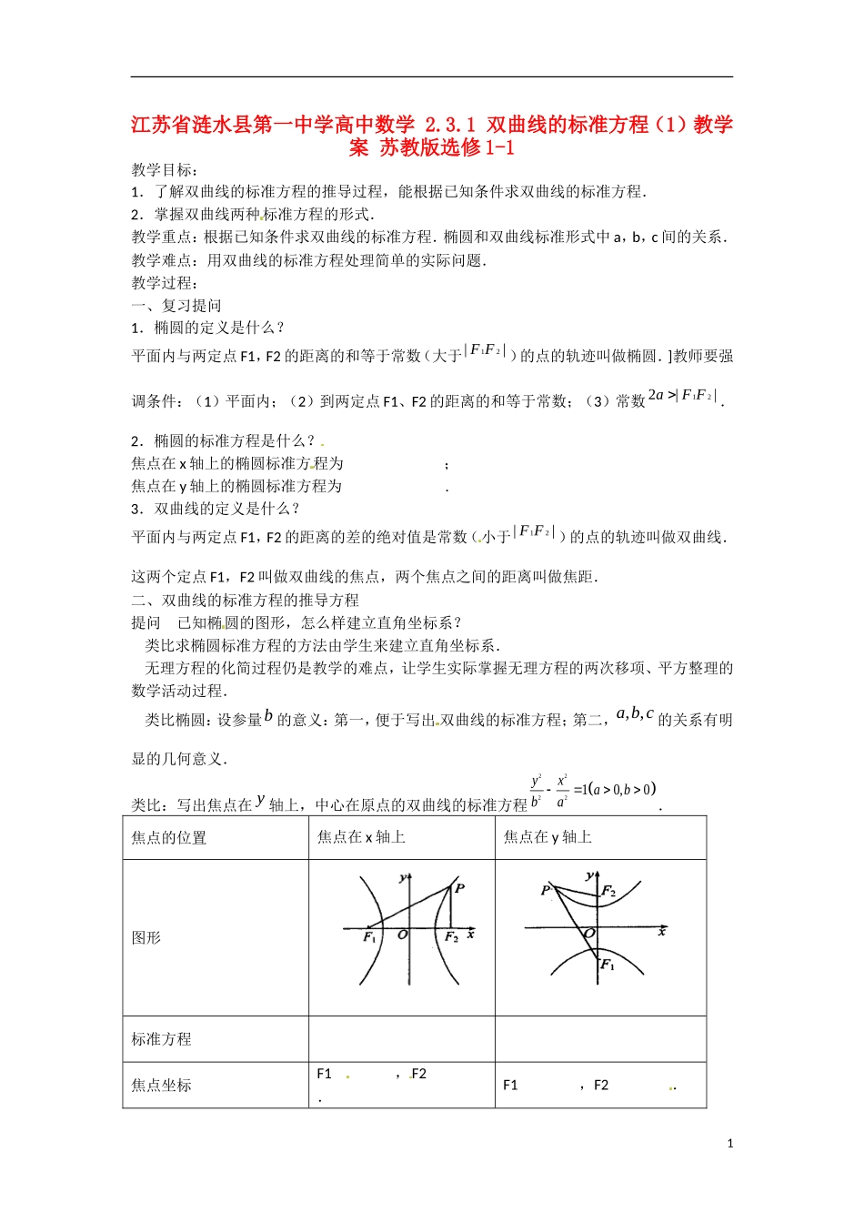 江苏省涟水县第一中学高中数学 2.3.1 双曲线的标准方程（1）教学案 苏教版选修1-1_第1页