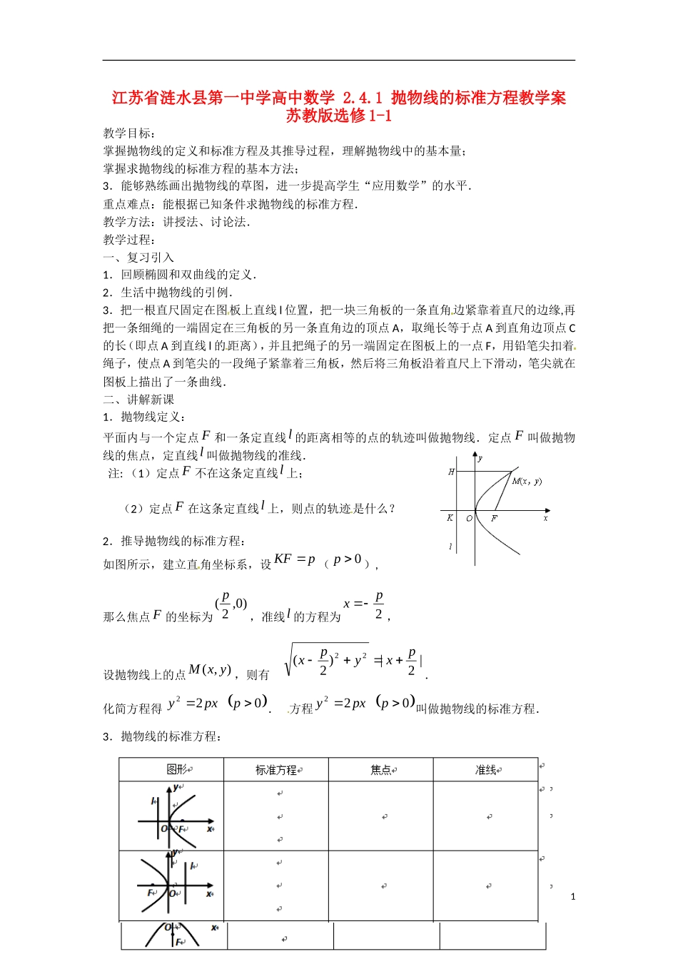 江苏省涟水县第一中学高中数学 2.4.1 抛物线的标准方程教学案 苏教版选修1-1_第1页