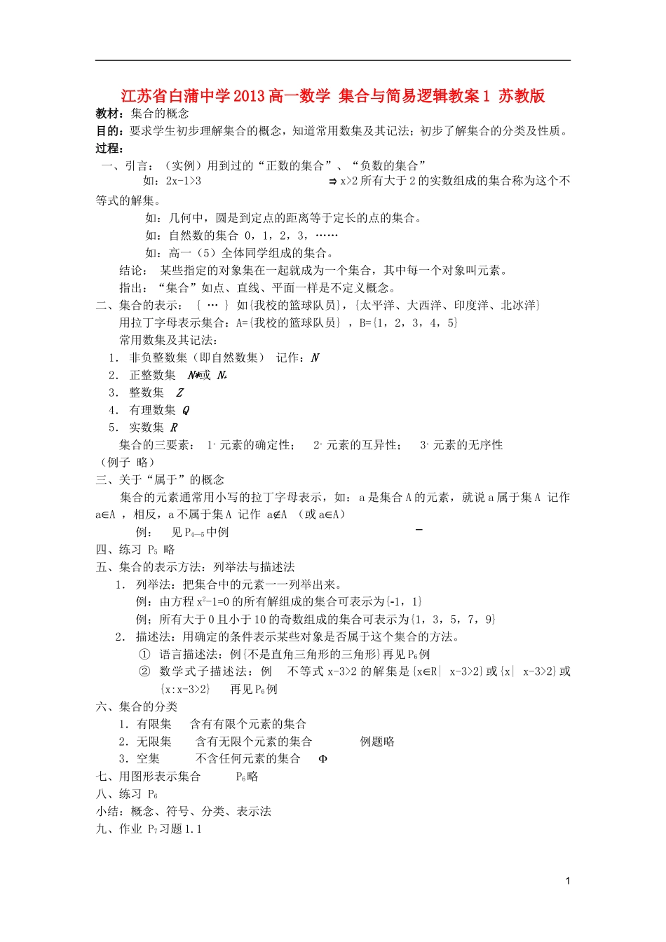 江苏省白蒲中学2013高一数学 集合与简易逻辑教案1 苏教版_第1页