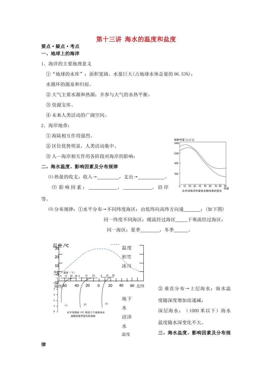江苏省海头高级中学2012届高三地理一轮复习 第13讲 海水的温度和盐度导学案_第1页