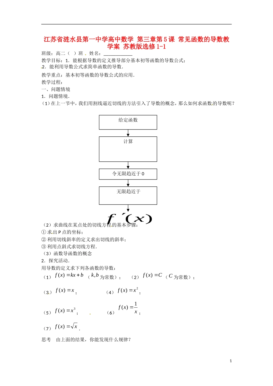江苏省涟水县第一中学高中数学 第三章 第5课 常见函数的导数教学案 苏教版选修1-1_第1页