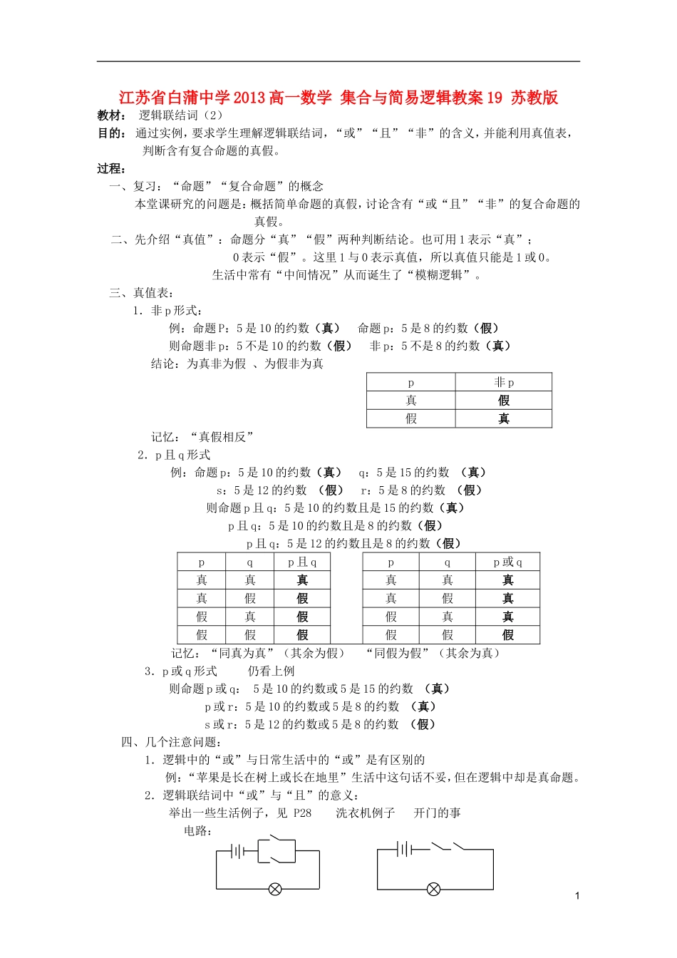 江苏省白蒲中学2013高一数学 集合与简易逻辑教案19 苏教版_第1页