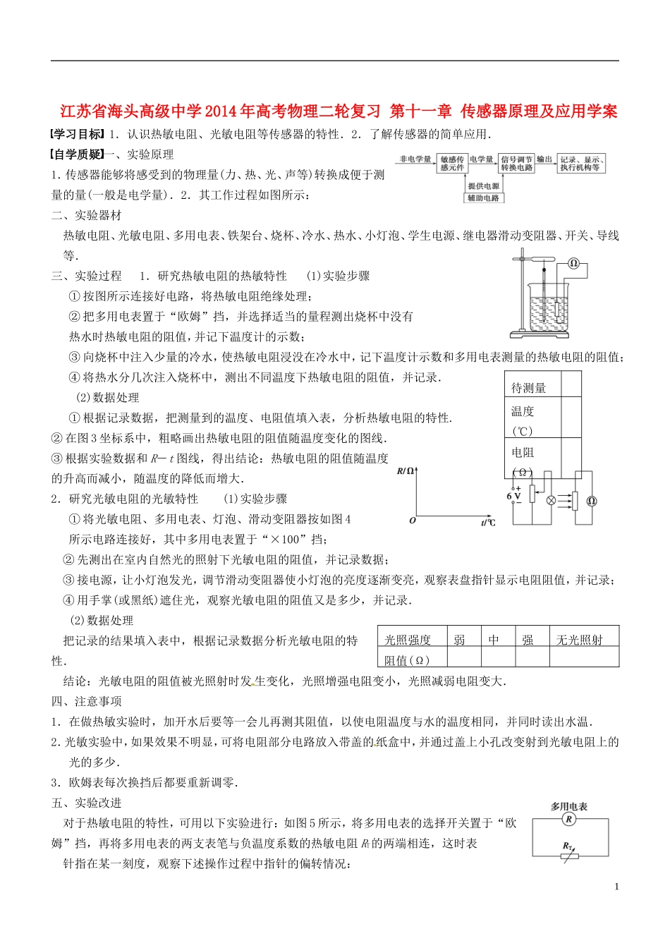 江苏省海头高级中学2014年高考物理二轮复习 第十一章 传感器原理及应用学案_第1页