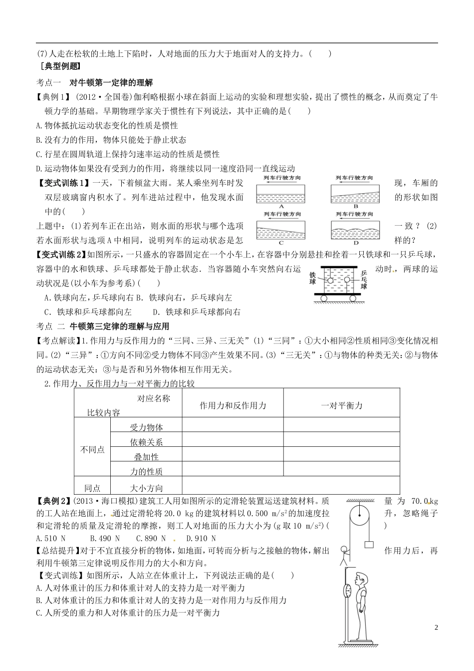 江苏省海头高级中学2014年高考物理一轮复习 第3章第1课时《牛顿第一 三定律》学案_第2页