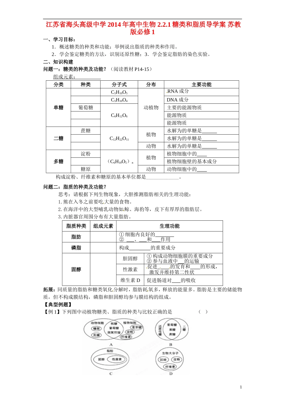 江苏省海头高级中学2014年高中生物 2.2.1糖类和脂质导学案 苏教版必修1_第1页