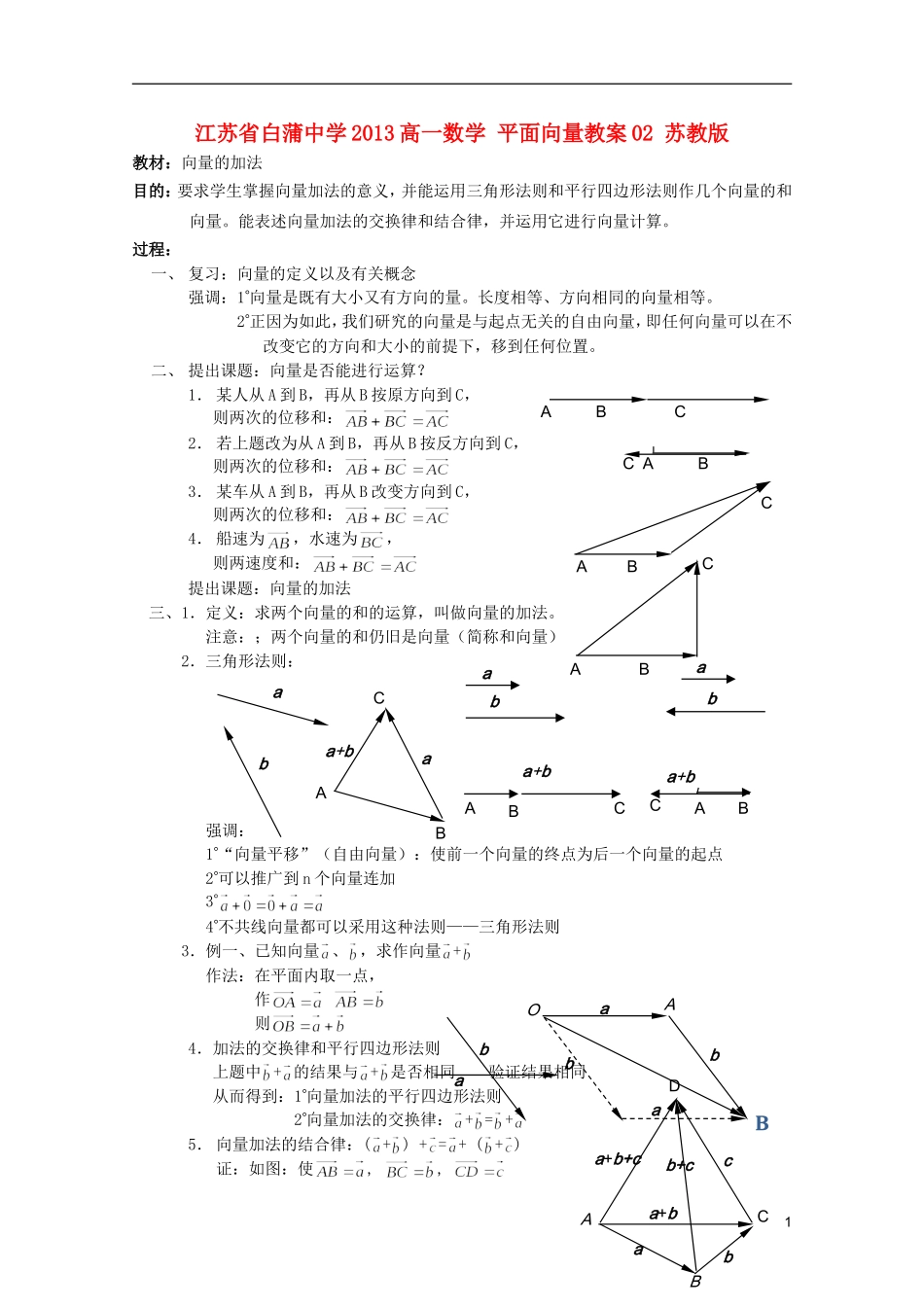 江苏省白蒲中学2013高一数学 平面向量教案02 苏教版_第1页