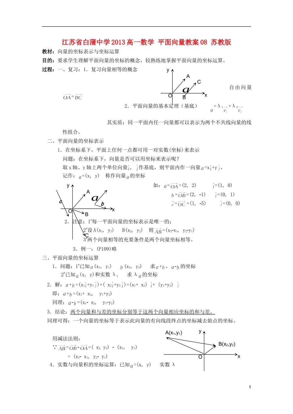 江苏省白蒲中学2013高一数学 平面向量教案08 苏教版_第1页