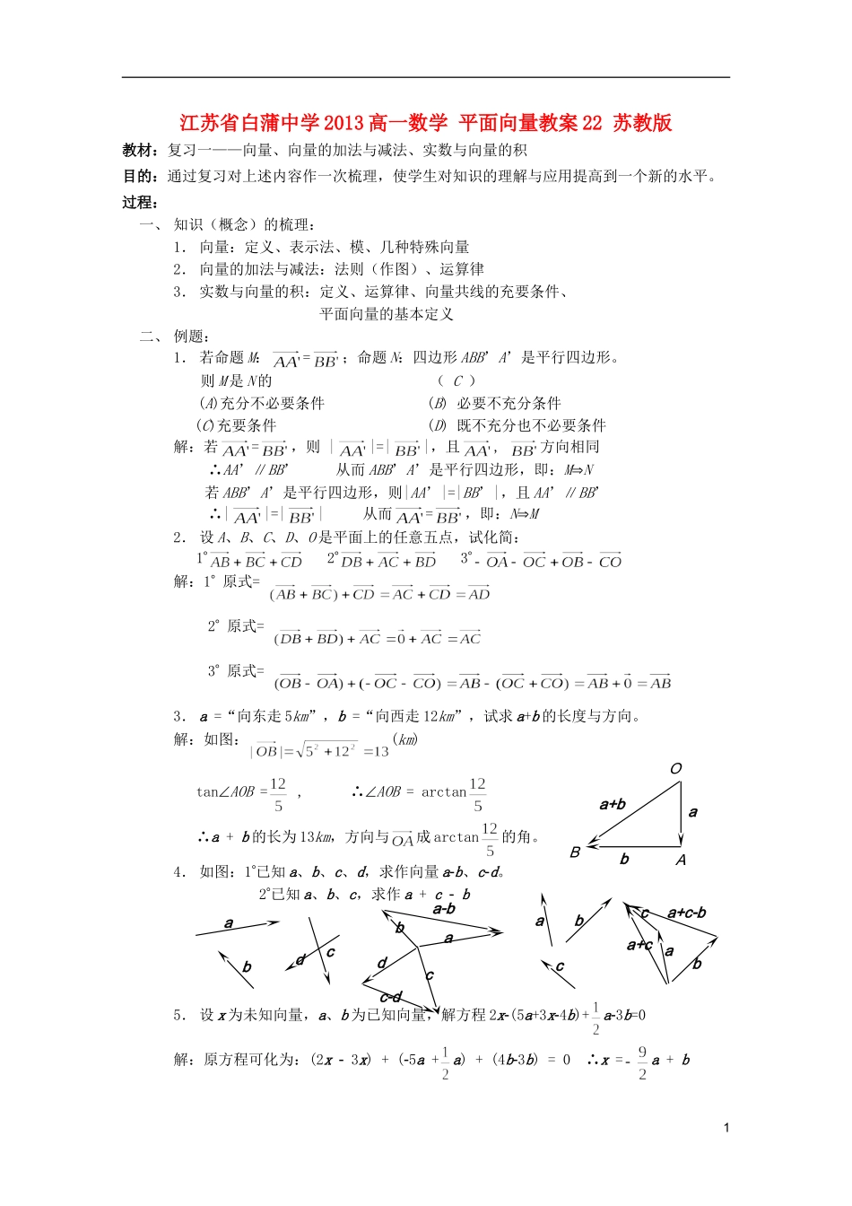 江苏省白蒲中学2013高一数学 平面向量教案22 苏教版_第1页