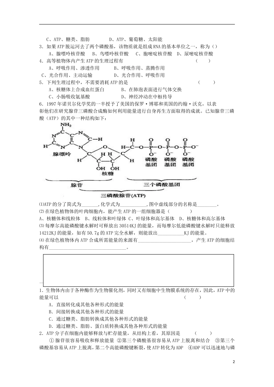 江苏省盐城市射阳二中高一生物《细胞的能量“通货”──ATP》教学案_第2页