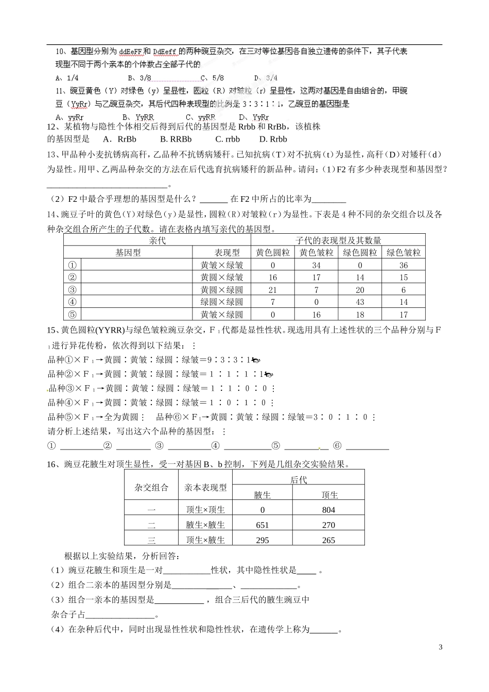江苏省盐城市射阳县第二中学2014高中生物《基因的自由组合定律》（二）导学案 新人教版必修2_第3页