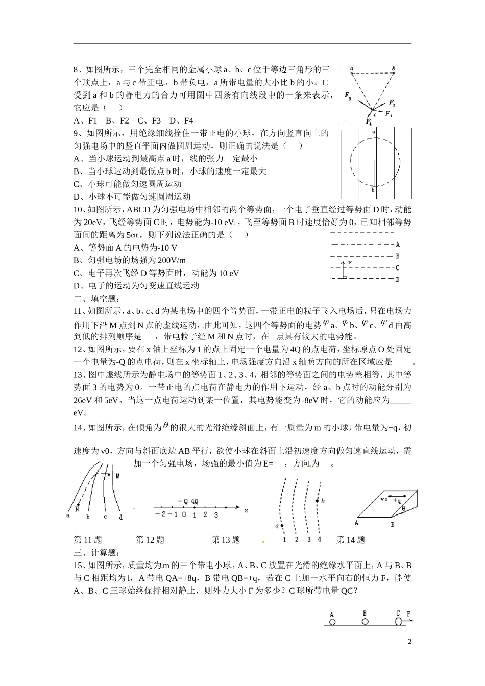 江苏省涟水县第一中学高中物理 第一章 静电场 单元测试一教学案 新人教版选修3-1 _第2页