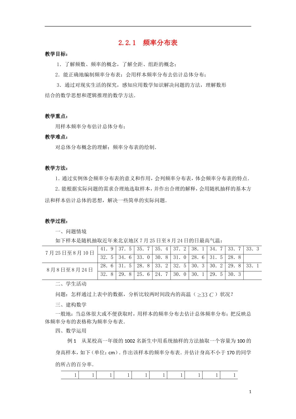 江苏省沭阳银河学校2013-2014学年高中数学 2.2.1《频率分布表》教案 苏教版必修3_第1页