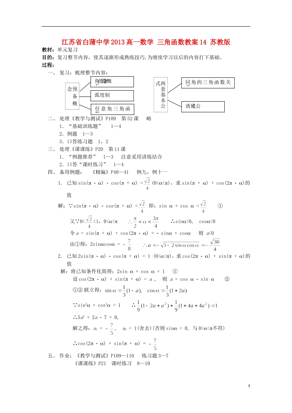江苏省白蒲中学2013高一数学 三角函数教案14 苏教版_第1页
