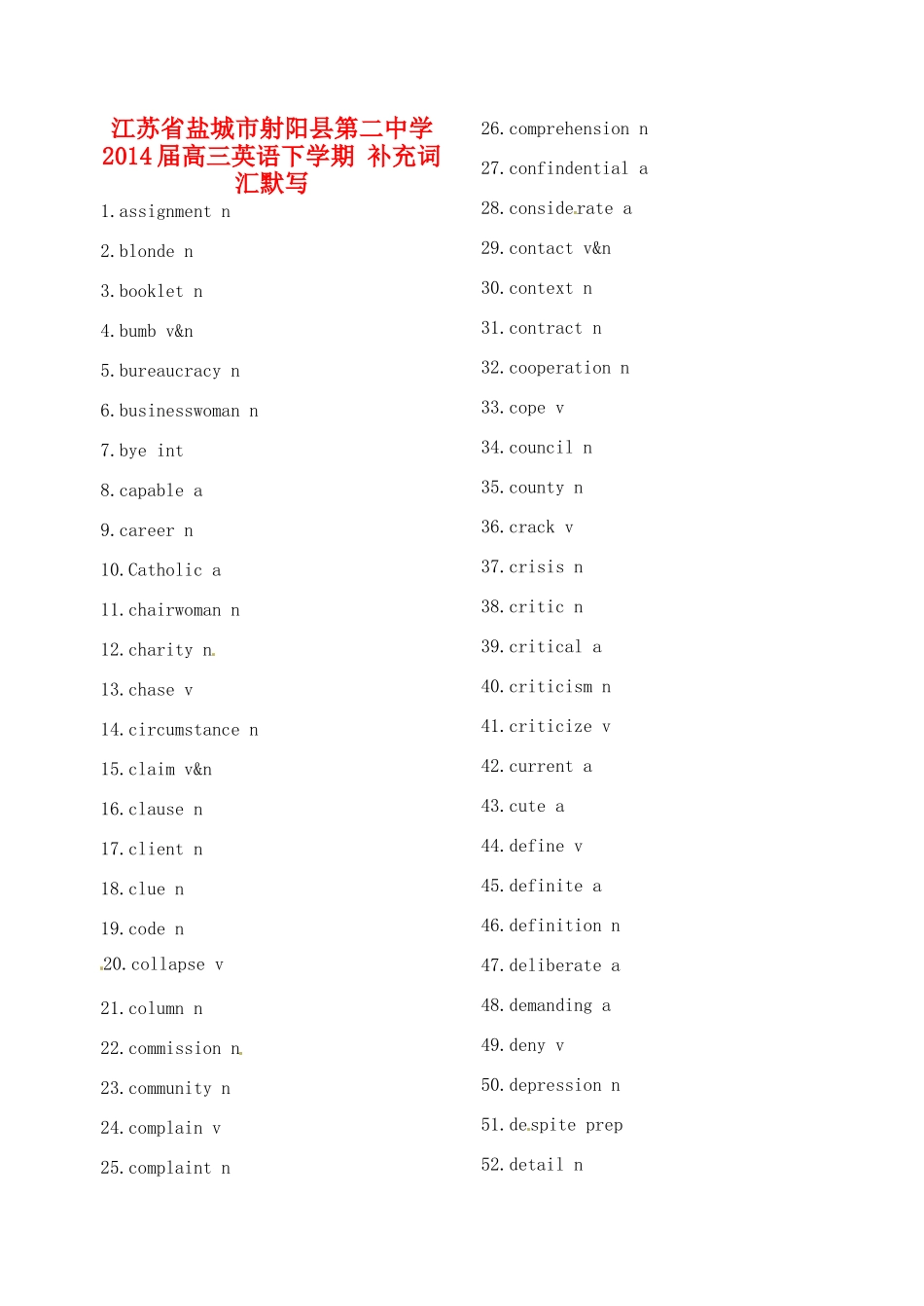 江苏省盐城市射阳县第二中学2014届高三英语下学期 补充词汇默写_第1页