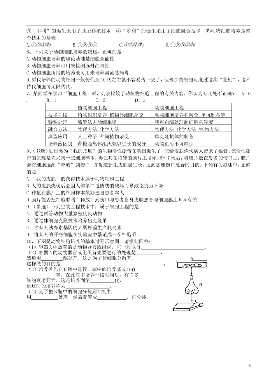 江苏省盐城市射阳县第二中学2014年高中生物《动物细胞工程》导学案2 新人教版选修3_第3页