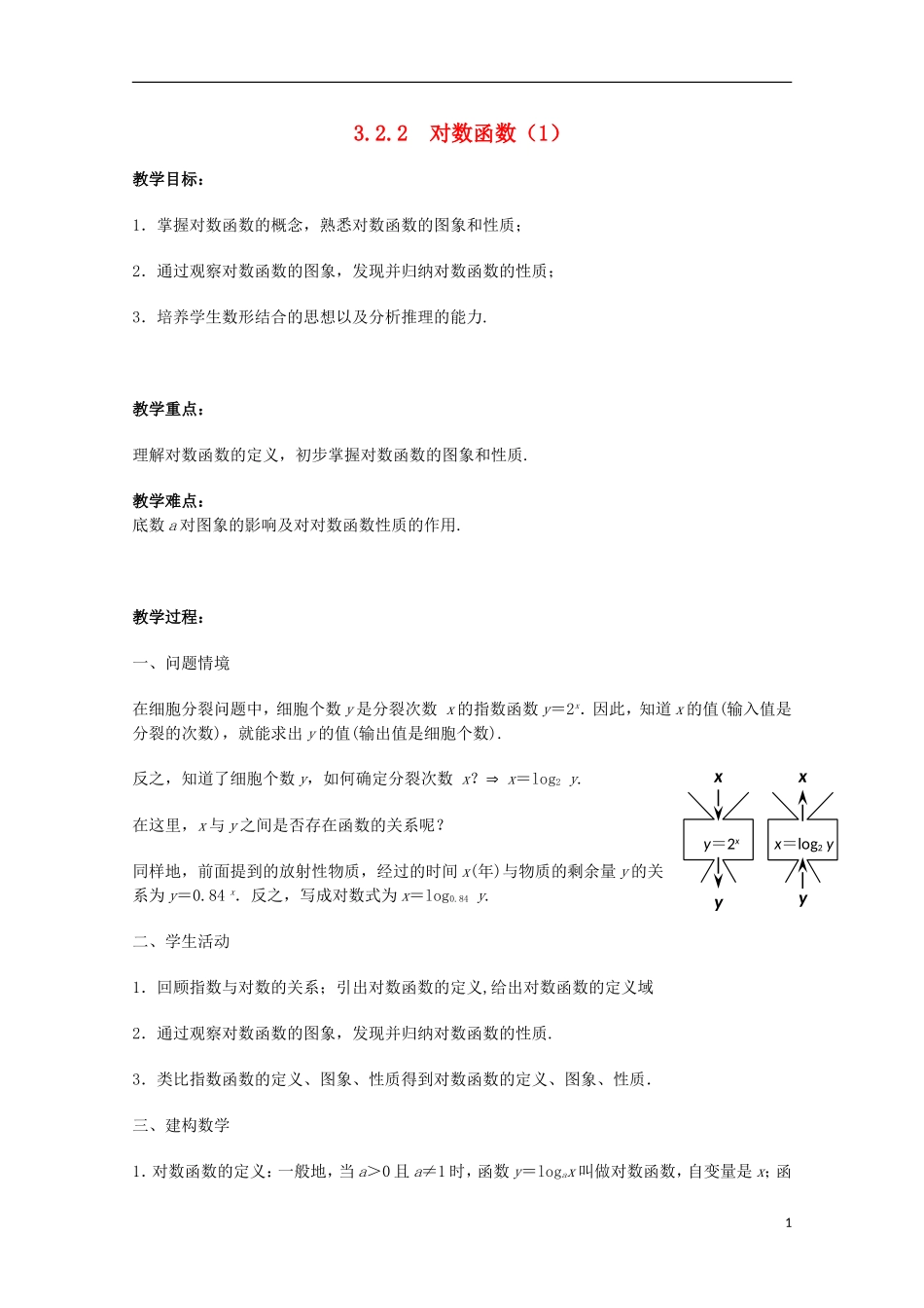 江苏省沭阳银河学校2013-2014学年高中数学 3.2.2《对数函数（1）》教案 苏教版必修1_第1页