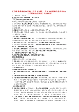江苏省海头高级中学高中政治 专题二《君主立宪制和民主共和制：以英国和法国为例》知识梳理 新人教版选修3